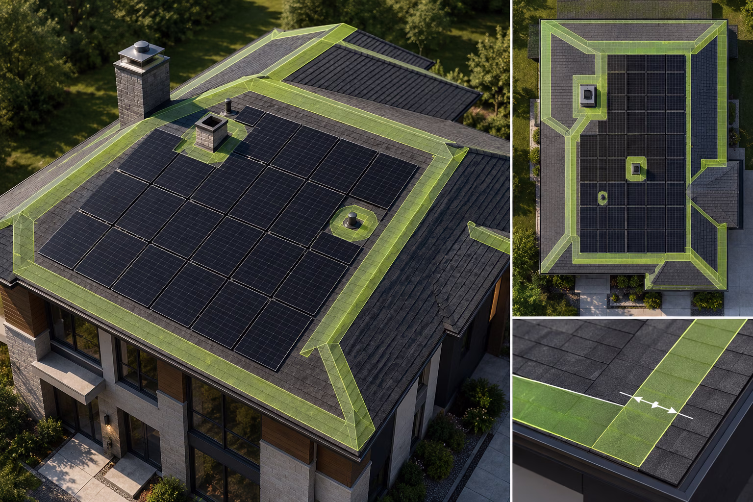 Residential Roof Plan with Panel Layout and 3-Foot Fire Setback Boundaries